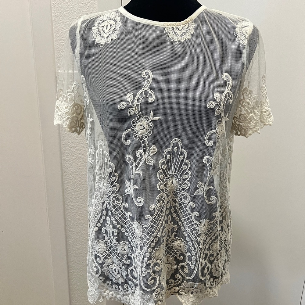 Miss Love Ivory Sheer Lace Embroidered Top | Women’s Medium | Boho Romantic